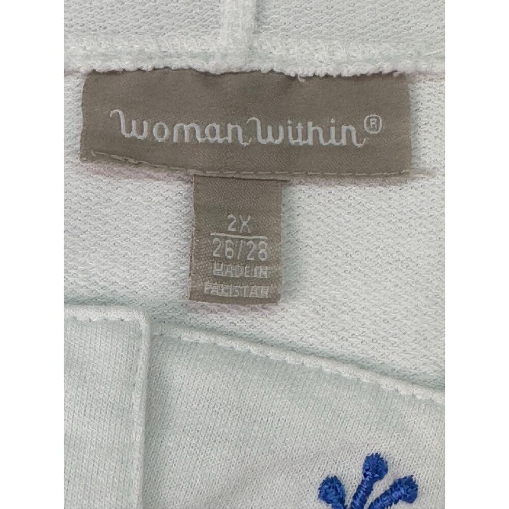 Woman Within White Embroidered Floral Hoodie Tunic 2X Blue Split Neck Sweatshirt - Picture 5 of 11